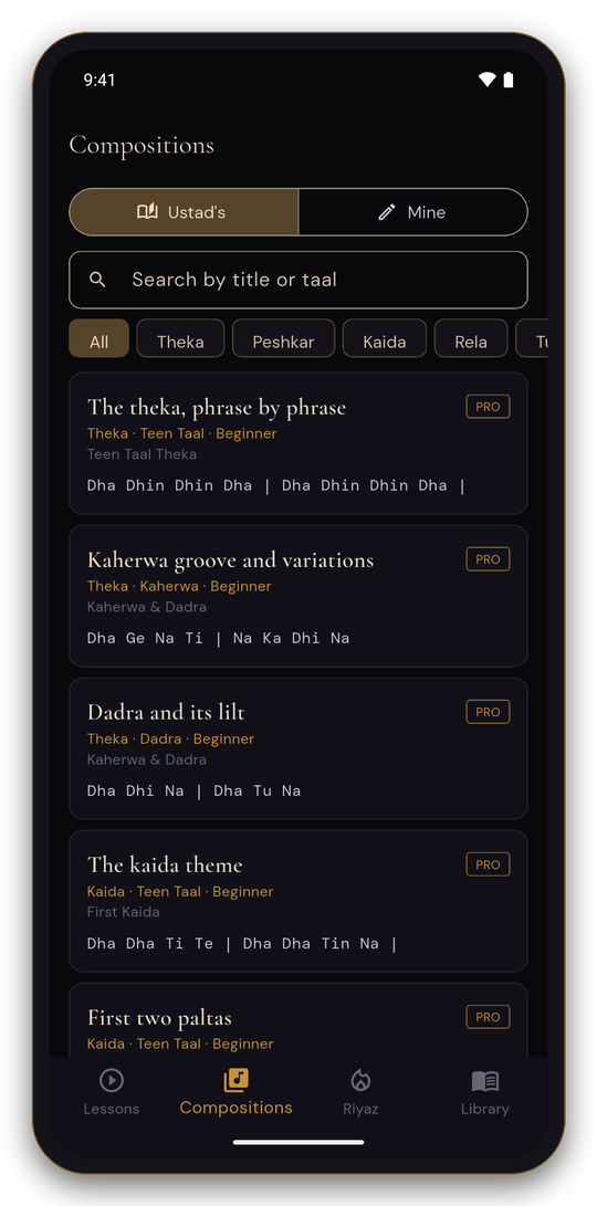 Composition Library: the ustad's thekas and kaidas with their bols