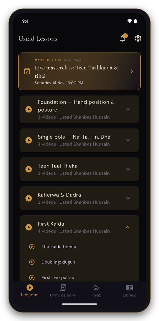 Lessons: six modules from foundation to tihai, each taught by Ustad Shahbaz Hussain
